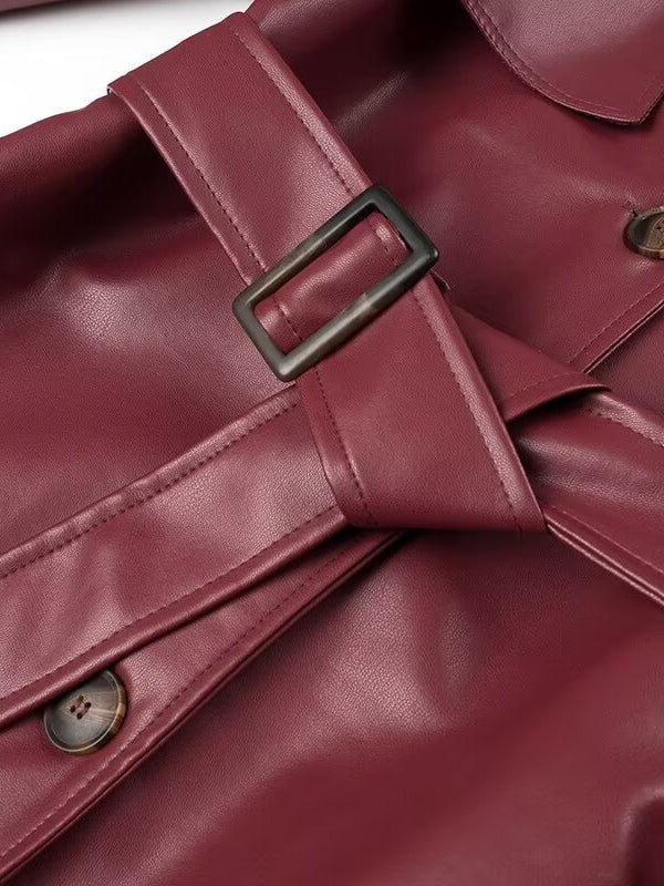 Faux Leather Trench Coat Women - Single Breasted Belted Maxi Jacke - Spring Chic Street Outerwear 2026