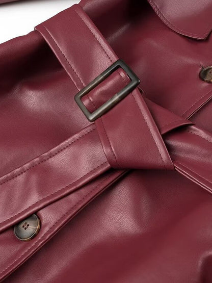 Faux Leather Trench Coat Women - Single Breasted Belted Maxi Jacke - Spring Chic Street Outerwear 2026