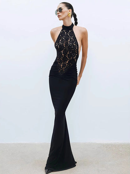 Sheer Lace Patchwork Halter Maxi Dress For Women - Black Sexy Backless Mermaid Bodycon - Summer Formal Evening Gown 2026