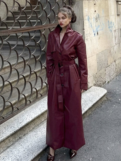 Faux Leather Trench Coat Women - Single Breasted Belted Maxi Jacke - Spring Chic Street Outerwear 2026