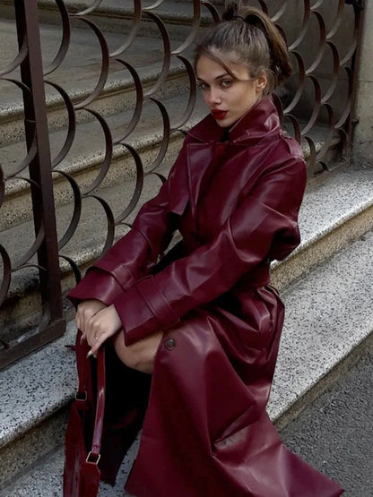 Faux Leather Trench Coat Women - Single Breasted Belted Maxi Jacke - Spring Chic Street Outerwear 2026