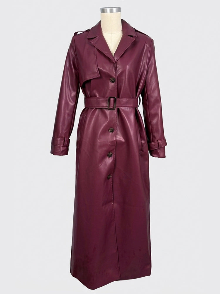 Faux Leather Trench Coat Women - Single Breasted Belted Maxi Jacke - Spring Chic Street Outerwear 2026