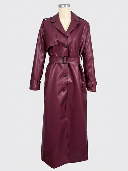 Faux Leather Trench Coat Women - Single Breasted Belted Maxi Jacke - Spring Chic Street Outerwear 2026