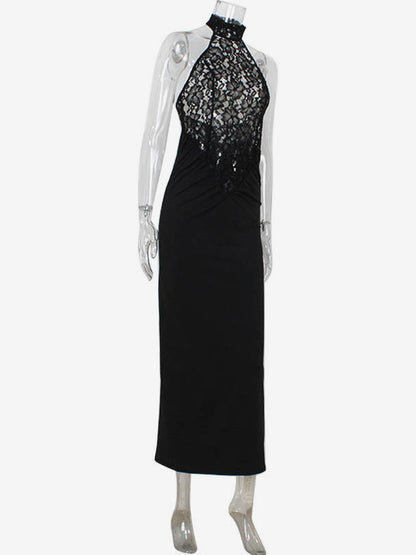 Sheer Lace Patchwork Halter Maxi Dress For Women - Black Sexy Backless Mermaid Bodycon - Summer Formal Evening Gown 2026