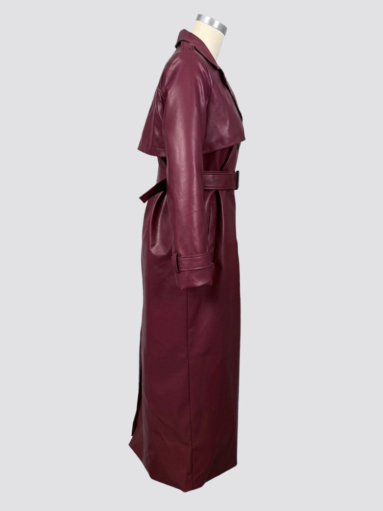 Faux Leather Trench Coat Women - Single Breasted Belted Maxi Jacke - Spring Chic Street Outerwear 2026