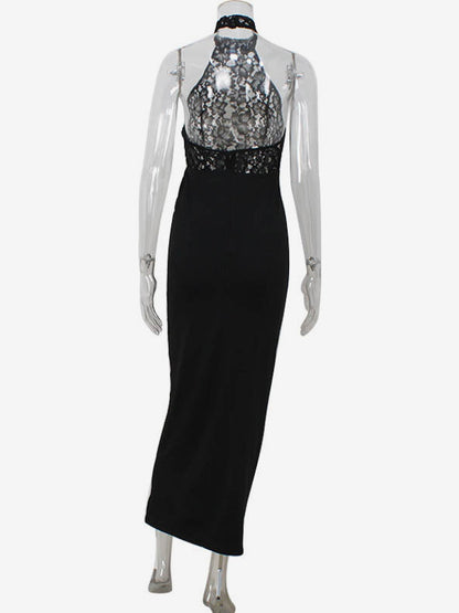 Sheer Lace Patchwork Halter Maxi Dress For Women - Black Sexy Backless Mermaid Bodycon - Summer Formal Evening Gown 2026