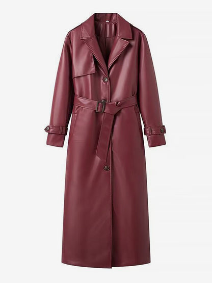 Faux Leather Trench Coat Women - Single Breasted Belted Maxi Jacke - Spring Chic Street Outerwear 2026