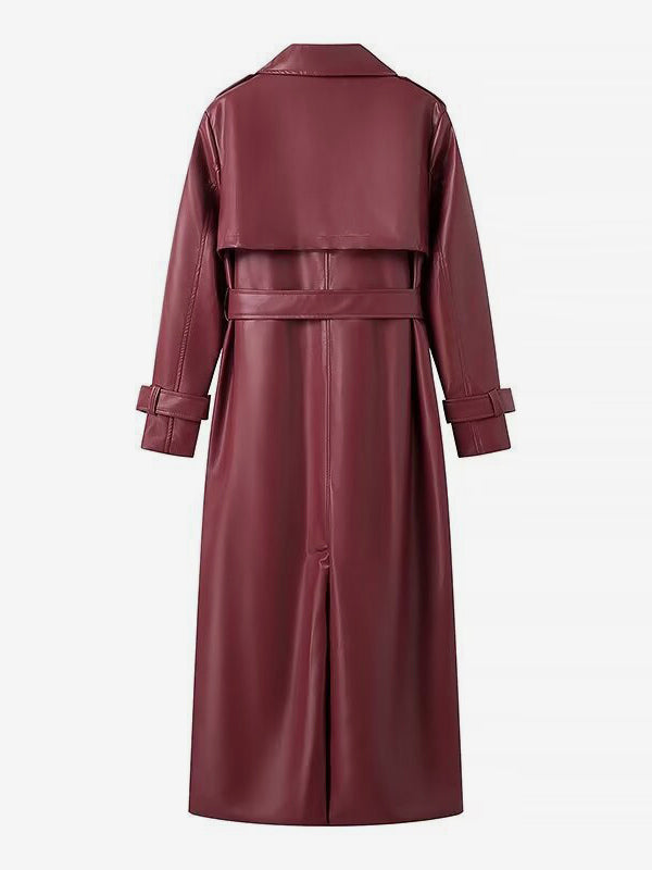 Faux Leather Trench Coat Women - Single Breasted Belted Maxi Jacke - Spring Chic Street Outerwear 2026