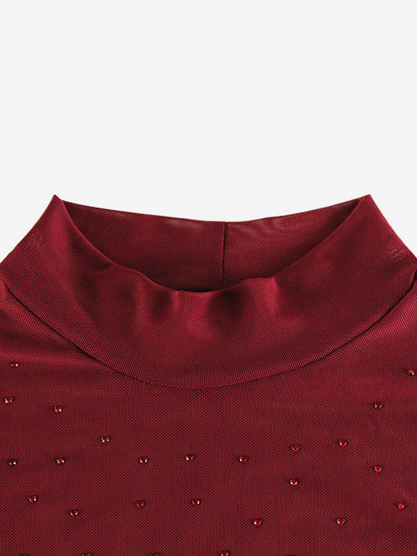 Rhinestone Mesh Maxi Dress For Women - Red Sheer High Neck Long Sleeve Bodycon Cover Up - Summer Clubwear Partywear 2026