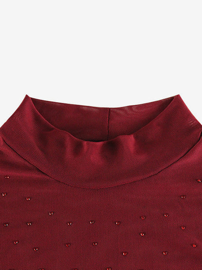 Rhinestone Mesh Maxi Dress For Women - Red Sheer High Neck Long Sleeve Bodycon Cover Up - Summer Clubwear Partywear 2026