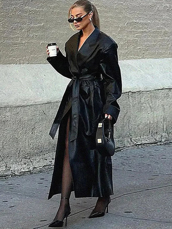 Faux Leather Trench Coat Women - Single Breasted Belted Maxi Jacke - Spring Chic Street Outerwear 2026