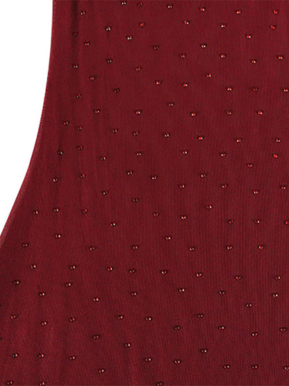 Rhinestone Mesh Maxi Dress For Women - Red Sheer High Neck Long Sleeve Bodycon Cover Up - Summer Clubwear Partywear 2026