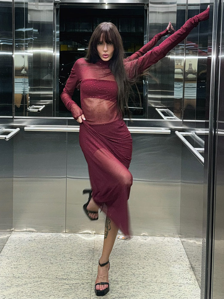 Rhinestone Mesh Maxi Dress For Women - Red Sheer High Neck Long Sleeve Bodycon Cover Up - Summer Clubwear Partywear 2026