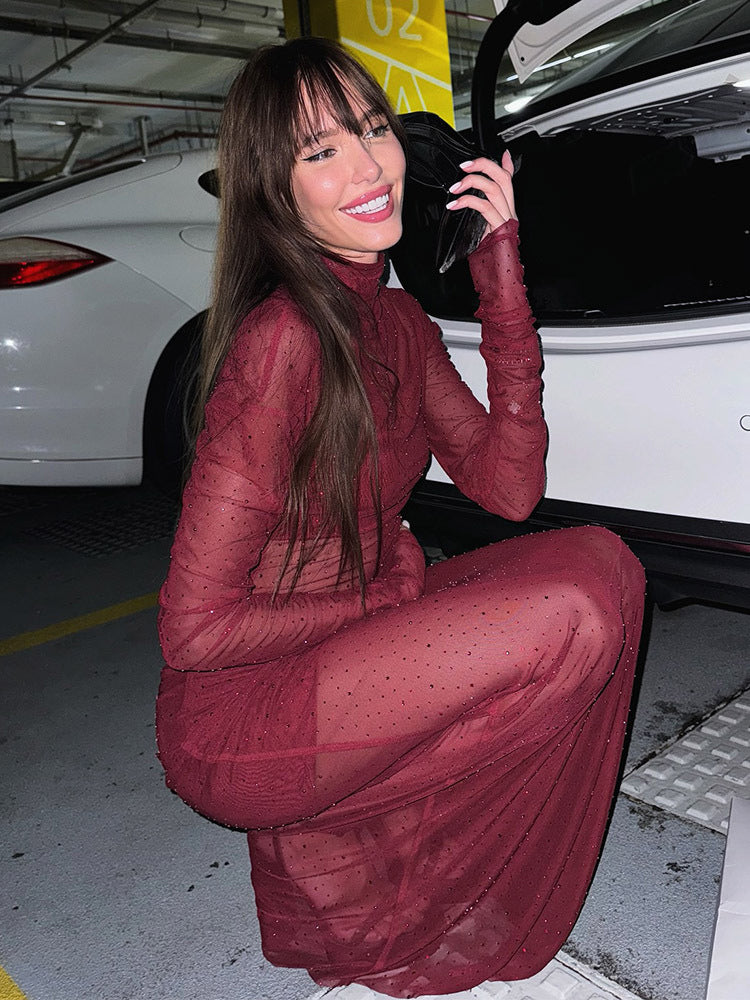 Rhinestone Mesh Maxi Dress For Women - Red Sheer High Neck Long Sleeve Bodycon Cover Up - Summer Clubwear Partywear 2026