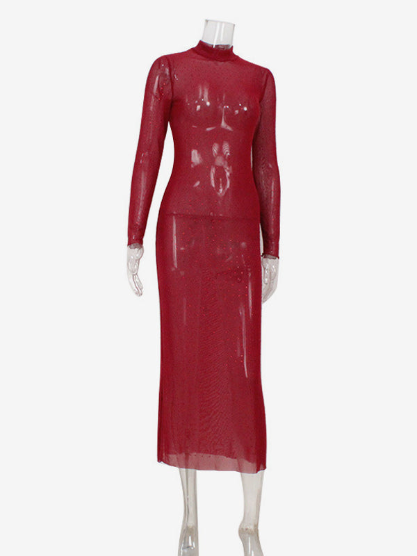 Rhinestone Mesh Maxi Dress For Women - Red Sheer High Neck Long Sleeve Bodycon Cover Up - Summer Clubwear Partywear 2026