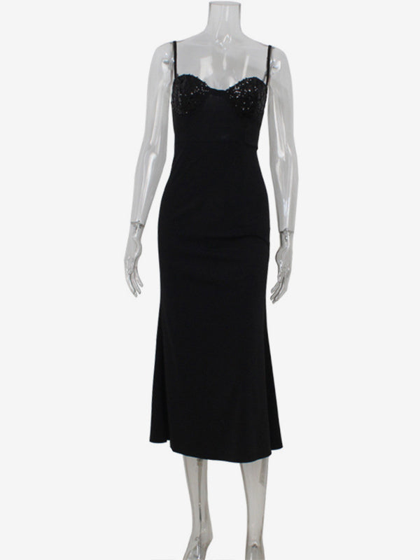 Sequin Midi Slip Dress For Women - Black Elegant Mermaid Hem Spaghetti Strap Cami Gown - Summer Evening Partywear 2026