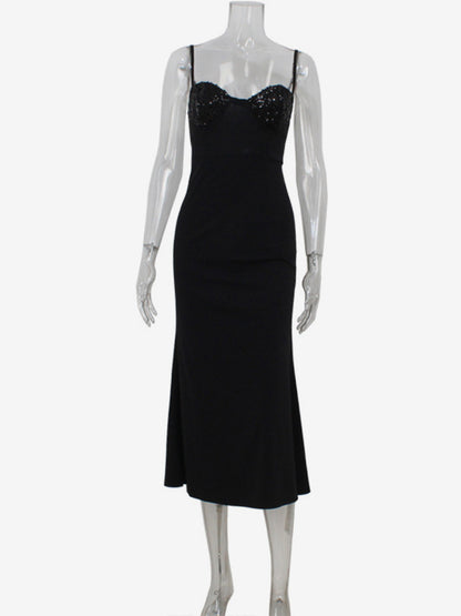 Sequin Midi Slip Dress For Women - Black Elegant Mermaid Hem Spaghetti Strap Cami Gown - Summer Evening Partywear 2026