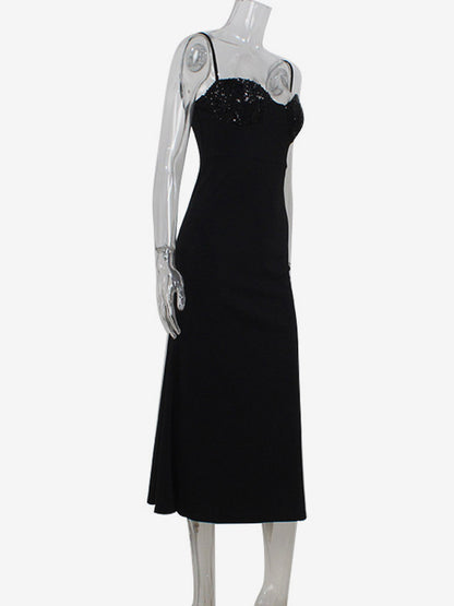 Sequin Midi Slip Dress For Women - Black Elegant Mermaid Hem Spaghetti Strap Cami Gown - Summer Evening Partywear 2026