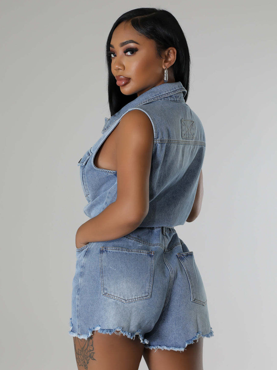 Sleeveless Denim Romper For Women - Light Blue Distressed Tie Waist One Piece Shorts - Summer Clubwear 2026