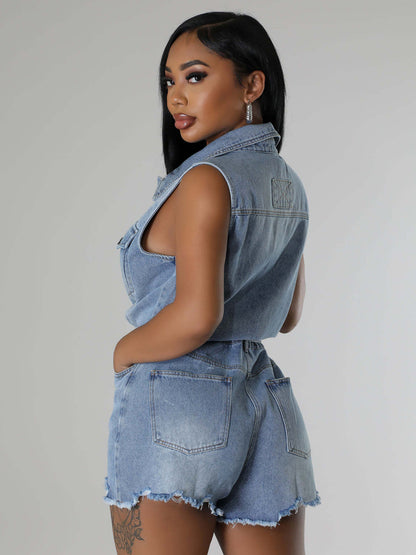 Sleeveless Denim Romper For Women - Light Blue Distressed Tie Waist One Piece Shorts - Summer Clubwear 2026