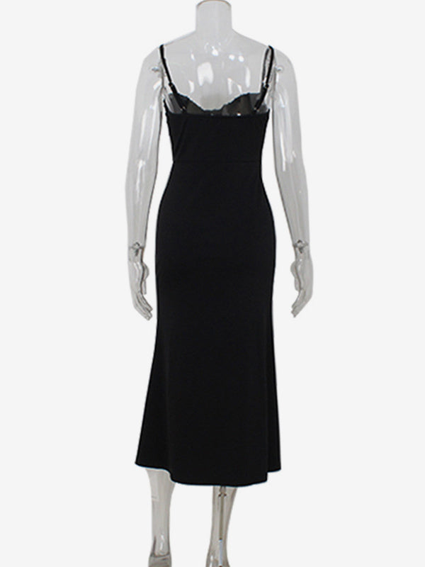 Sequin Midi Slip Dress For Women - Black Elegant Mermaid Hem Spaghetti Strap Cami Gown - Summer Evening Partywear 2026