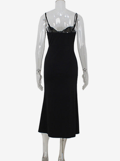 Sequin Midi Slip Dress For Women - Black Elegant Mermaid Hem Spaghetti Strap Cami Gown - Summer Evening Partywear 2026