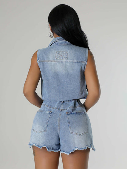 Sleeveless Denim Romper For Women - Light Blue Distressed Tie Waist One Piece Shorts - Summer Clubwear 2026