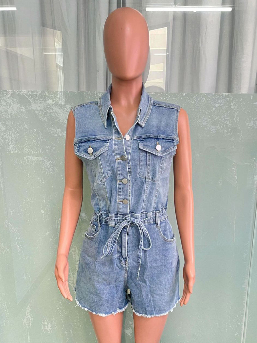 Sleeveless Denim Romper For Women - Light Blue Distressed Tie Waist One Piece Shorts - Summer Clubwear 2026