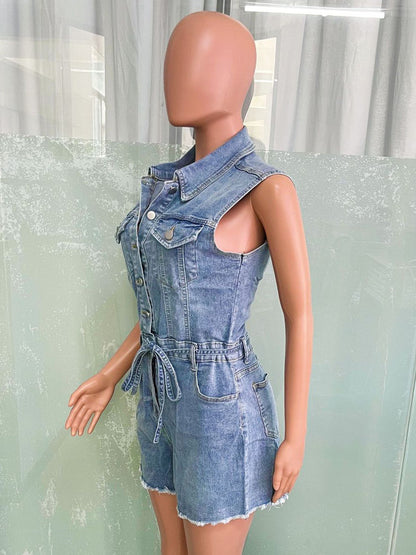Sleeveless Denim Romper For Women - Light Blue Distressed Tie Waist One Piece Shorts - Summer Clubwear 2026
