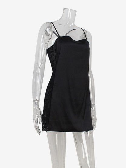 Satin Slip Mini Dress For Women - Sexy Black Sheer Lace Side Bodycon - Summer Night Out Clubwear 2026
