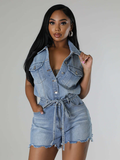 Sleeveless Denim Romper For Women - Light Blue Distressed Tie Waist One Piece Shorts - Summer Clubwear 2026