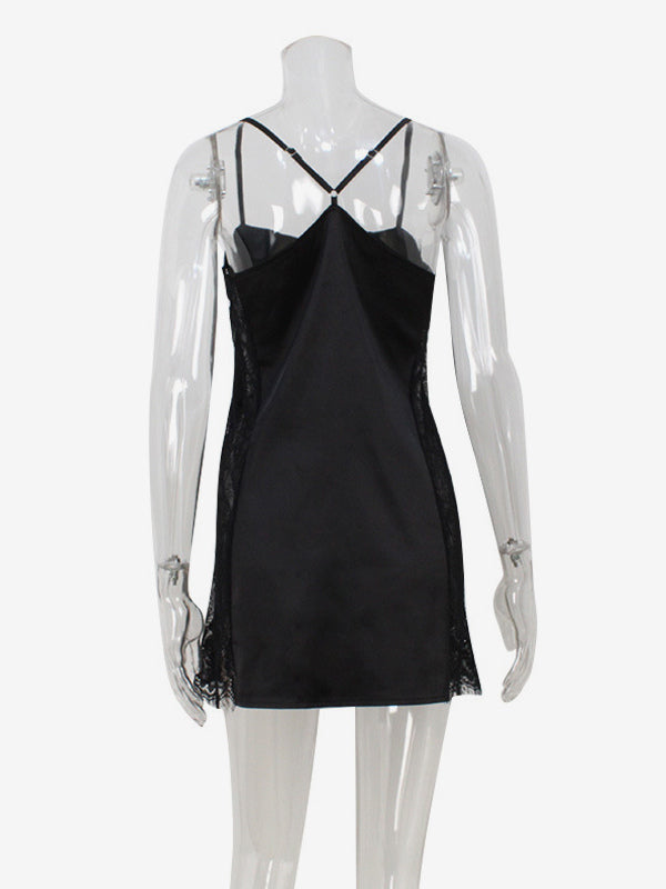 Satin Slip Mini Dress For Women - Sexy Black Sheer Lace Side Bodycon - Summer Night Out Clubwear 2026