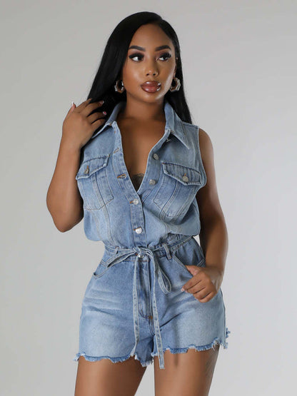 Sleeveless Denim Romper For Women - Light Blue Distressed Tie Waist One Piece Shorts - Summer Clubwear 2026