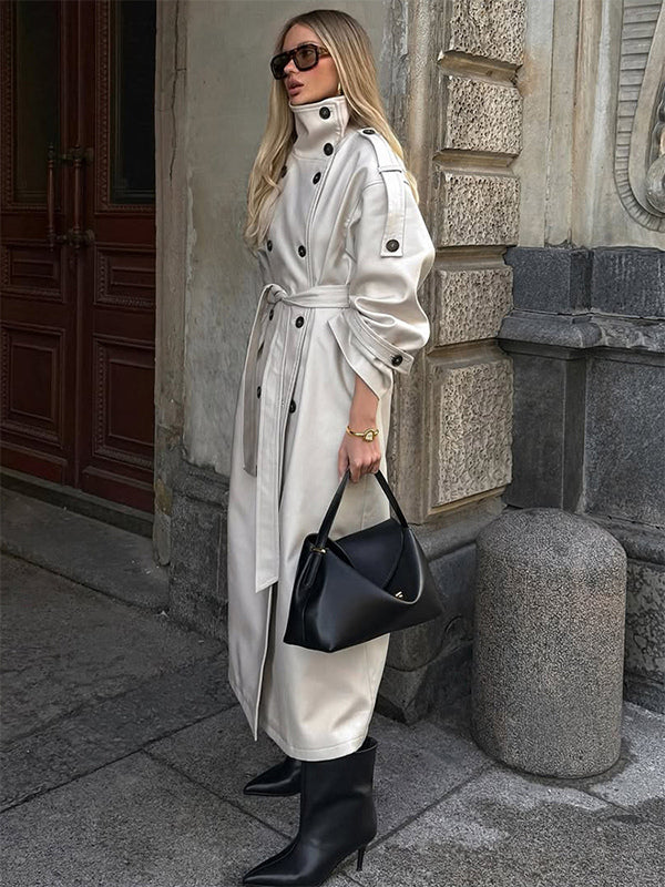 Funnel Neck Trench Coat For Women - Cream Double Breasted Drop Shoulder Belted Overcoat - Spring Office-to-dinner Outerwear 2026