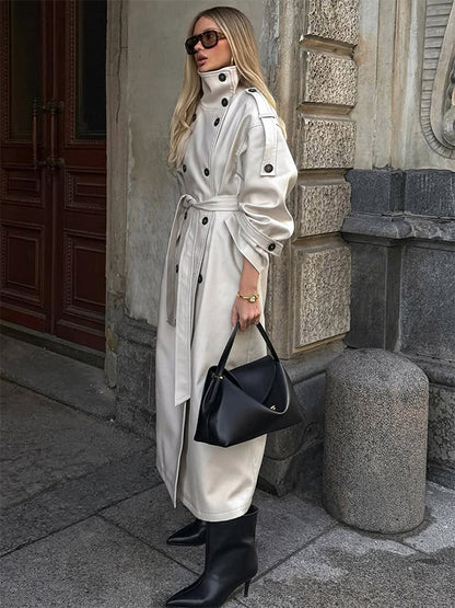 Funnel Neck Trench Coat For Women - Cream Double Breasted Drop Shoulder Belted Overcoat - Spring Office-to-dinner Outerwear 2026