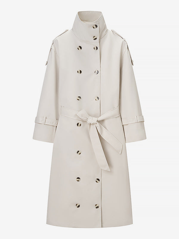 Funnel Neck Trench Coat For Women - Cream Double Breasted Drop Shoulder Belted Overcoat - Spring Office-to-dinner Outerwear 2026