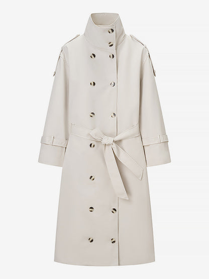 Funnel Neck Trench Coat For Women - Cream Double Breasted Drop Shoulder Belted Overcoat - Spring Office-to-dinner Outerwear 2026