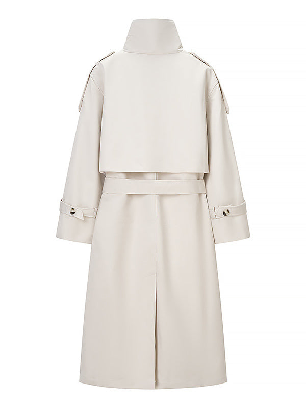Funnel Neck Trench Coat For Women - Cream Double Breasted Drop Shoulder Belted Overcoat - Spring Office-to-dinner Outerwear 2026