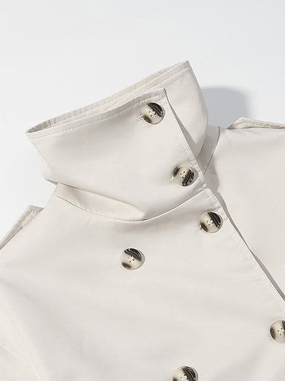 Funnel Neck Trench Coat For Women - Cream Double Breasted Drop Shoulder Belted Overcoat - Spring Office-to-dinner Outerwear 2026