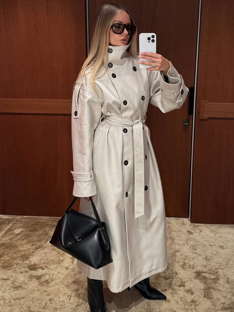 Funnel Neck Trench Coat For Women - Cream Double Breasted Drop Shoulder Belted Overcoat - Spring Office-to-dinner Outerwear 2026