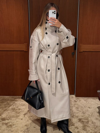 Funnel Neck Trench Coat For Women - Cream Double Breasted Drop Shoulder Belted Overcoat - Spring Office-to-dinner Outerwear 2026