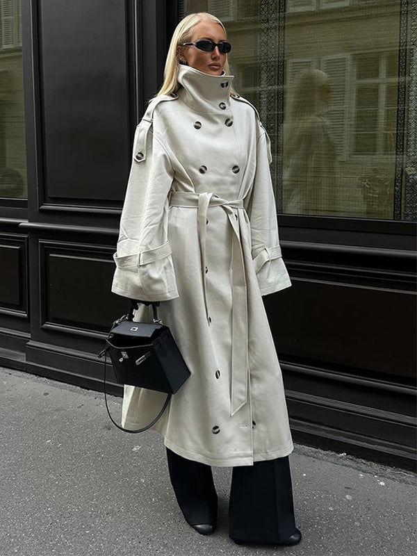 Funnel Neck Trench Coat For Women - Cream Double Breasted Drop Shoulder Belted Overcoat - Spring Office-to-dinner Outerwear 2026