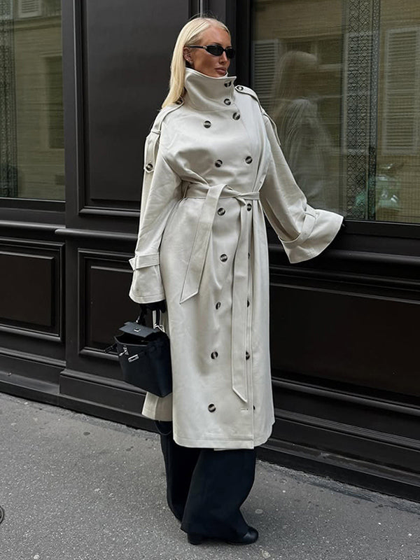 Funnel Neck Trench Coat For Women - Cream Double Breasted Drop Shoulder Belted Overcoat - Spring Office-to-dinner Outerwear 2026