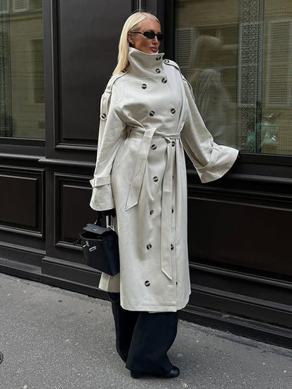 Funnel Neck Trench Coat For Women - Cream Double Breasted Drop Shoulder Belted Overcoat - Spring Office-to-dinner Outerwear 2026