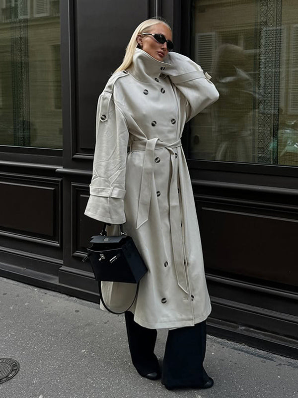 Funnel Neck Trench Coat For Women - Cream Double Breasted Drop Shoulder Belted Overcoat - Spring Office-to-dinner Outerwear 2026