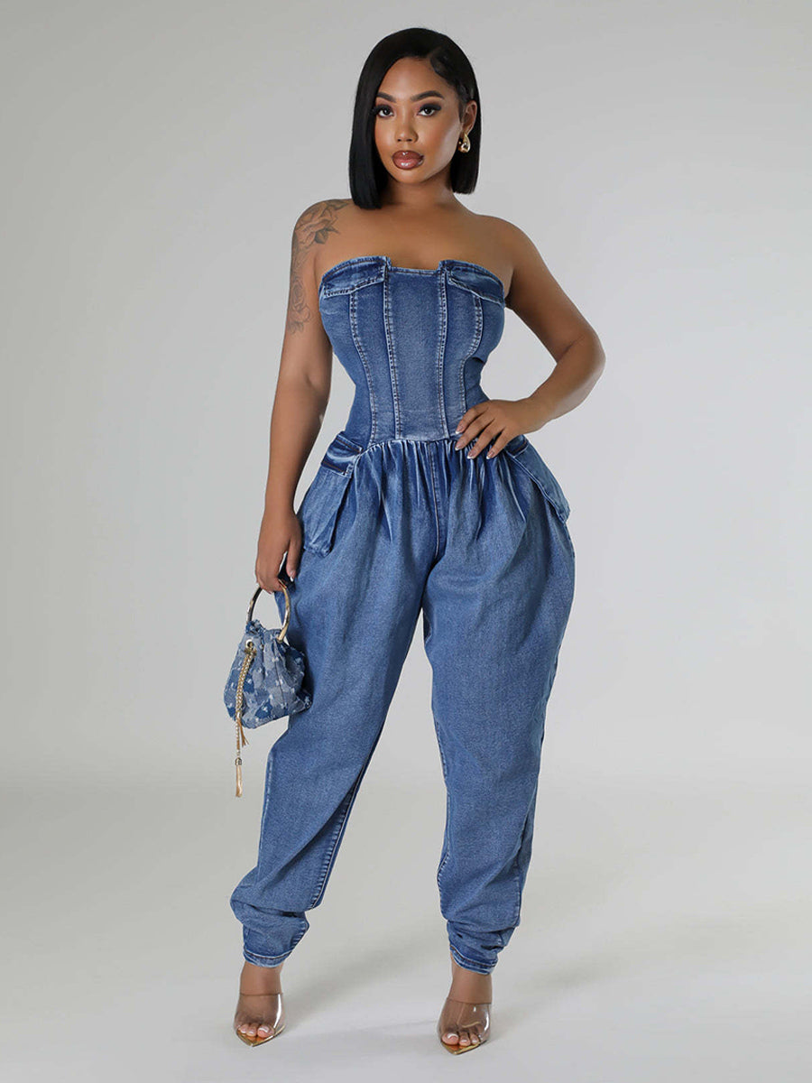 Strapless Corset Denim Jumpsuit For Women - Blue Sexy Bustier Back Zip Harem Romper - Spring Party Night Club 2026