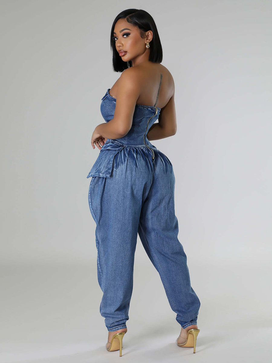 Strapless Corset Denim Jumpsuit For Women - Blue Sexy Bustier Back Zip Harem Romper - Spring Party Night Club 2026