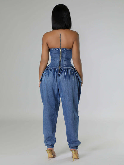 Strapless Corset Denim Jumpsuit For Women - Blue Sexy Bustier Back Zip Harem Romper - Spring Party Night Club 2026
