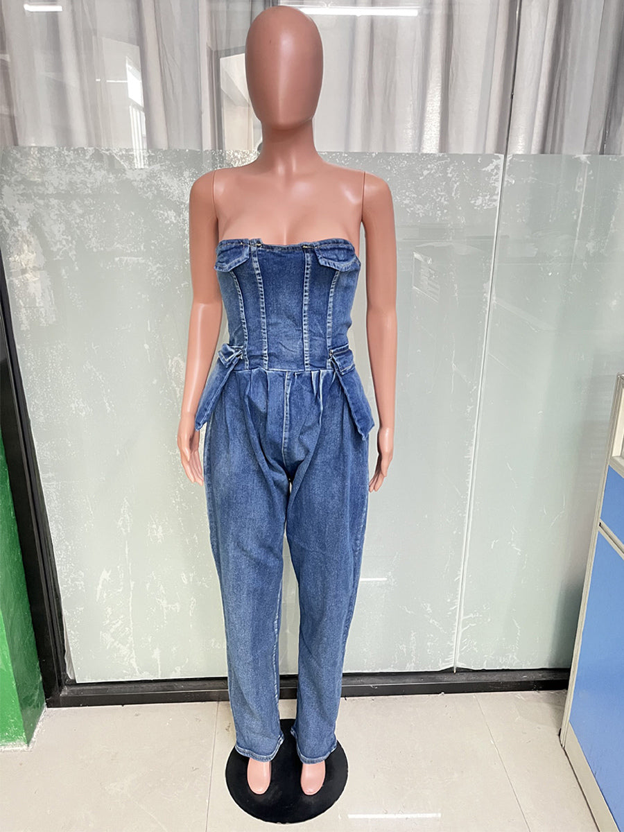 Strapless Corset Denim Jumpsuit For Women - Blue Sexy Bustier Back Zip Harem Romper - Spring Party Night Club 2026