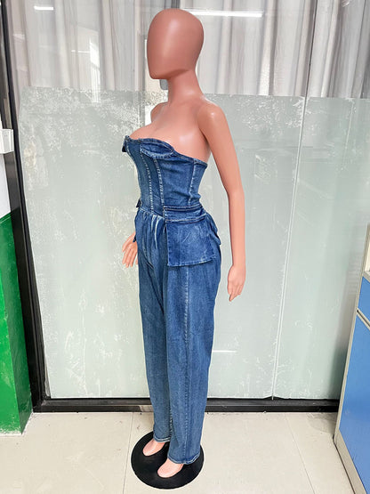Strapless Corset Denim Jumpsuit For Women - Blue Sexy Bustier Back Zip Harem Romper - Spring Party Night Club 2026